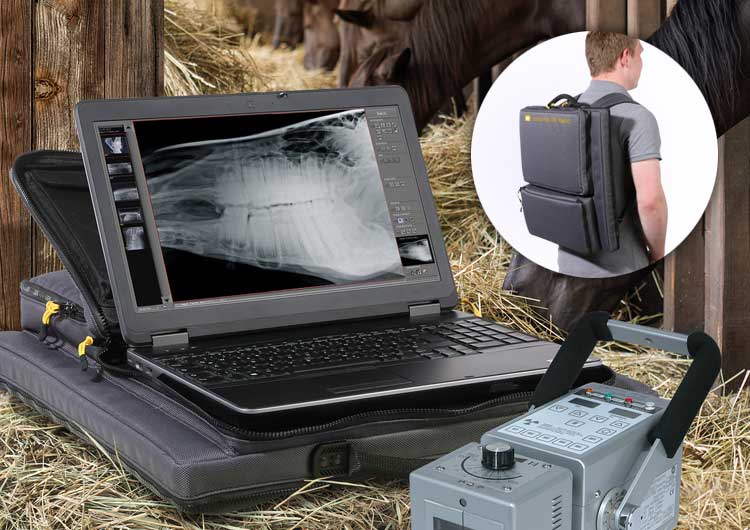 Leonardo DR nano - lightweight X ray unit as backpack solution for narrow stables or outside for paddocks.