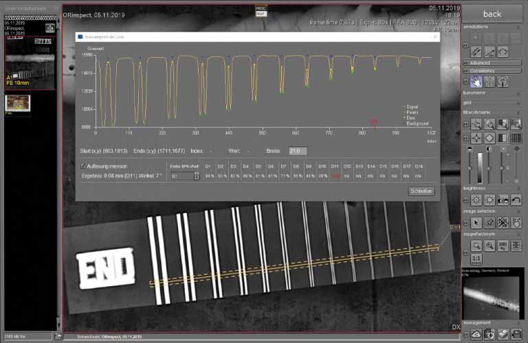 Determination of the basic spatial resolution: After creating a grey value profile plot, the image unsharpness value is auto-matically determined by analyzing the duplex-wire-type IQI  (standard compliant to ISO 17636-2 and ASTM E 2446).