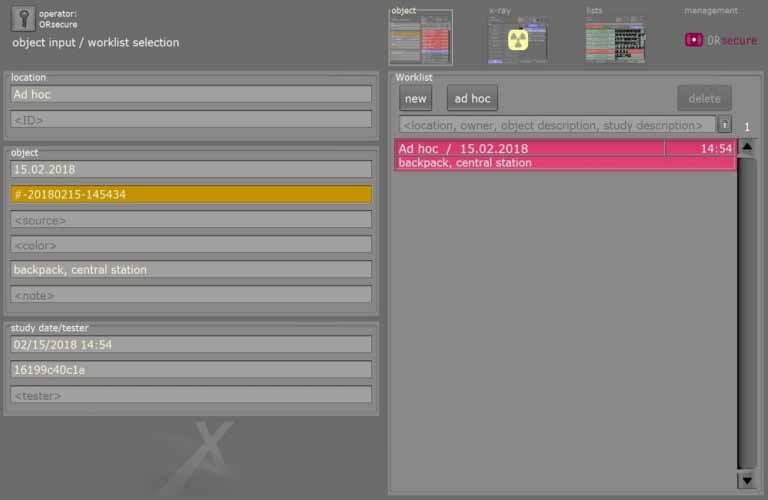Intuitive input of object data into the inspection software or its transfer from a DICOS worklist.