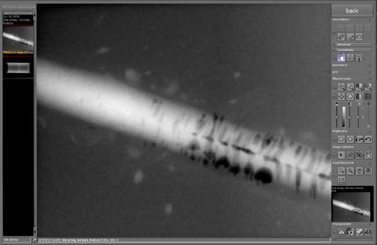 Der interne Viewer von ORinspect unterstützt mit zahlreichen Funktionen beim Aufspüren von Fehlstellen (z. B. Zoom, Anpassen von Helligkeit und Window Level, Schärfefilter uvm.).