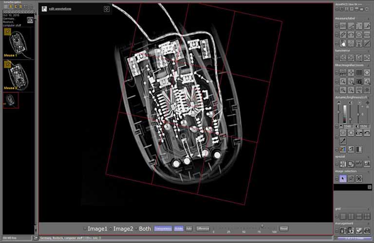 dicondePACS DICONDE/DICOM viewing software with image comparison function.