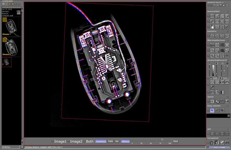 dicondePACS DICONDE/DICOM viewing software, image comparison with representation of the differences between two images