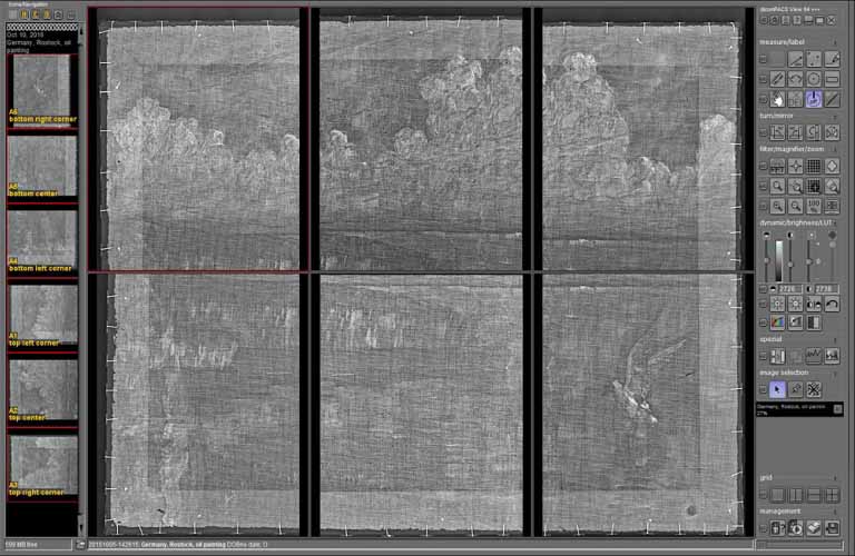 dicondePACS DICONDE/DICOM viewing software with grid display e. g. for preparing the stitching of multiple images.